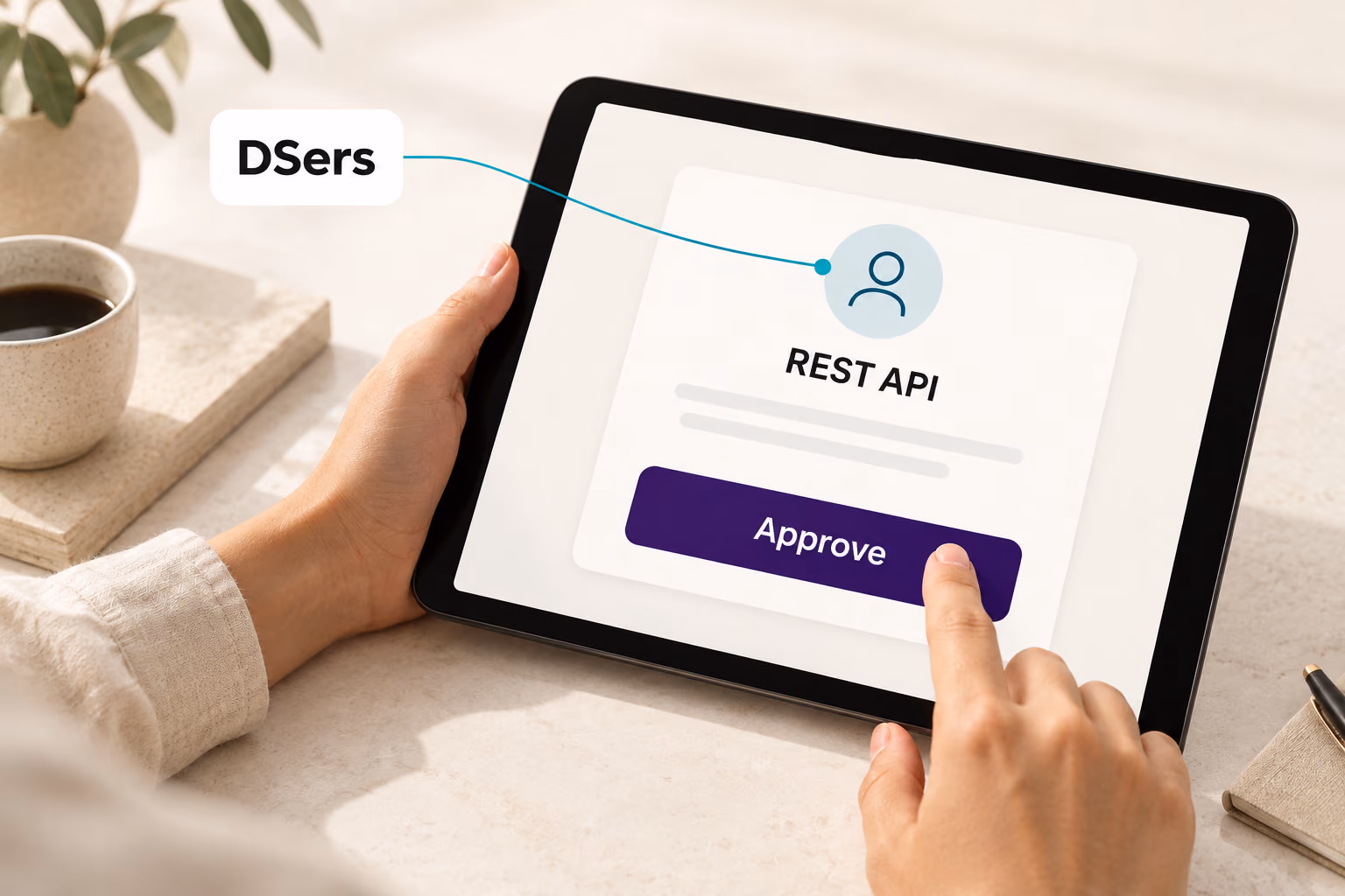 An administrator tapping Approve on a conceptual REST API permission card